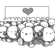 Dozens of round robots with banded arms and legs in a huge mob, advancing towards the frame with their arms outstretched, smiling. Above them is a speech bubble with multiple tails pointing towards the horde, with a pink heart in it.