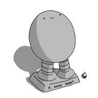 A small, round robot with an antenna, holding something (possibly a chisel?) and looking up at a grey, life-sized statue of Bigbot, which is standing on a low plinth labelled 'A GOOD ROBOT'.