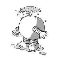 A spherical robot with banded arms and legs that has its face tilted upwards and is emitting a spout of water from its mouth. A puddle has formed at its feet.