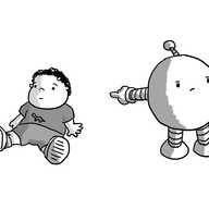 A spherical robot with banded arms and legs points accusingly at a toddler sitting obliviously on the floor.