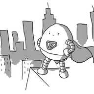 An ovoid robot standing on a building's roof looking out over a city skyline with its fists planted on its hips. It wears a billowing cape and superhero-style trunks and on its chest is a Superman-like badge with a 'B' instead of an 'S'. It has a very determined facial expression.