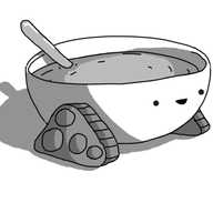 A robot in the form of a bowl of soup with tracks on its sides. It's smiling happily with a spoon sticking out of its contents.