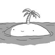 A robot in the form of a classic cartoon desert island - a low, barren hump completely surrounded by ocean with a single palm tree in the centre. The island is actually the robot's body, with its smiling face just above the waterline. The palm tree resembles a banded antenna and has fronds that appear suspiciously regular.