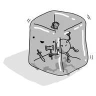 A robot in the form of an amorphous, transparent cube, containing a suspended Barbarianbot, Teabot and a rusty sword.