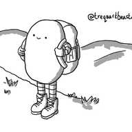 A pill-shaped robot wearing a backpack and walking boots, standing happily on a tussocky hillside.