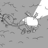Three ovoid robots with four banded legs and reindeer antlers fly through dense fog, connected by tracers that lead back to the dim form of another robot. The lead robot has a little light on its head which is projecting an intense beam, illuminating the roiling fog ahead. All the robots look very determined.