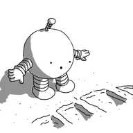 A spherical robot with banded arms and legs and a coiled antenna, looking down in amazement at a large footprint trodden into the ground in front of it.