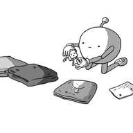 A round robot with jointed limbs and an antenna, kneeling surrounded by various folded objects: a collapsible table, a sheet or garment of some kind, a small robots t-shirt, a letter and a map. It's in the process of trying to fold up the legs of a cubic Mischiefbot, apparently unperturbed by its furious protestations.