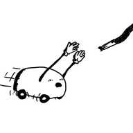 A loaf-shaped robot on four wheels with two long, jointed arms. It's zooming after the end of a trailing shoelace with its arms raised towards it and an alarmed expression on its face.