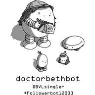 An ovoid robot with long, dark hair wearing a pith helmet and sporting a bow tie. She's frowning as she writes on a notepad and observes the antics of a Notokaybot, a Teabot and a Cakebot.