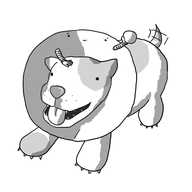 A dog wearing a cone on its neck that is actually a robot. Its face is on the interior surface of the cone, directly above the dog's head. Two banded arms also protrude from the inner-surface and one is patting the dog on its head while the other prepares to toss a small ball.