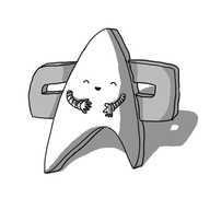 A robot in the form of a Star Trek DS9/Voyager combadge, with its face and arms on the Starfleet chevron. The robot is smiling with its eyes closed, as if giggling, and its arms are held towards its midsection.