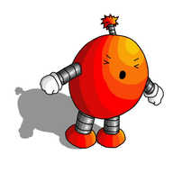 A red-orange ovoid robot with banded arms and legs and an antenna with an explosion on the end. Its holding out its arms, fists clenched and is shouting angrily as it leans slightly forward with its eyes screwed tightly shut.