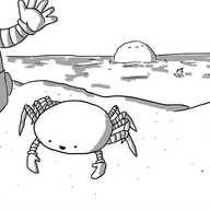A robot shaped like a flattened spheroid, with ten legs and a pair of little arms ending in claws-cum-mittens. It has a little smiley face low on its carapace. It's on a stretch of beach and beside it looms Sandcastlebot while, in the background out to sea are Bobbot and Bigbot, both partially submerged.