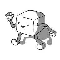 A robot shaped like a rounded-off cube with jointed arms and legs, waving as it marches past with a fierce little grin on its face.