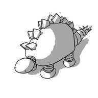 A robot Stegosaurus with banded limbs, plates along it back, a banded tail sporting four dorsal spikes and a little ovoid head with no mouth.