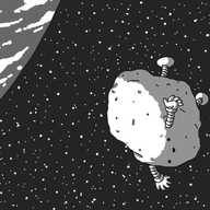 A view of the edge of the Earth against a starfield, and in the foreground a robot in the form of a pitted asteroid with banded arms and legs tumbles happily by.