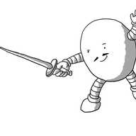 An ovoid robot brandishing a letter opener like a sword. It has a smirk and a thin moustache and is lunging forward with its free hand raised like a fencer.