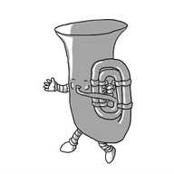 A robot in the form of a tuba, with its face on the bell, blowing into its mouthpiece with its eyes closed. It has legs on the bottom and one of its hands is manipulating its buttons.
