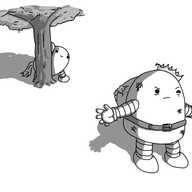 A slightly beaten-up round-topped robot with banded arms and legs, with a stage prosthetic hump strapped to its bag (leaking stuffing) and a dented crown on its head holds out its hands theatrically. Behind it, hiding behind a tree with a malevolent smile on its face, is a Horsebot.