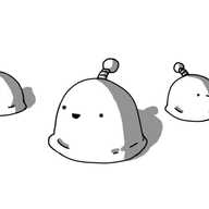 Three round-topped robots with flat, slightly squishy bases that flare out where they've been stuck to the ground. They have no limbs, but do have banded antennas on their tops. Two of the robots are smiling happily, while the third is asleep and snoring, its antenna drooping forwards.