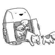 A boxy robot with a curved front and two caterpillar tracks on the bottom. It has two hinged doors on the front which it is pulling open to reveal at least five puppies that are jumping out, tails wagging.