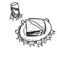 many small round robots are carrying a plate with a sandwich cut into triangles on it, while behind them more robots are manoeuvring a teetering, mostly full glass between them.