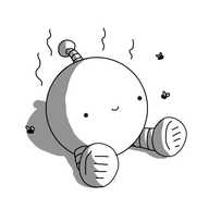 A spherical robot with banded legs and an antenna, sitting on the ground. Stink lines rise from it and three flies are buzzing around but it's smiling quite happily.