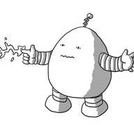 A squat, ovoid robot with short, banded arms and legs. It's pointing with one finger which is attracting a writhing spark of electricity. The robot appears discombobulated, with its mouth making a zig-zag shape and its eyes slightly frantic. It has a zig-zag antenna on its top.