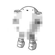 An ovoid robot with banded arms and legs. There's a rectangle of pixellation from its knees to its chin and it's gripping the top of it and going on tiptoes so it can look over the top and smile.