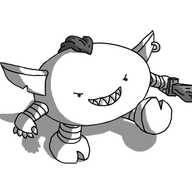 A wide, ovoid robot with short, banded arms and legs and little cloven feet. It has big, flappy ears (one of which is pierced) and is walking along, carrying a wooden sword. It has a swept-back tuft of hair on its top and a big wide, spike-toothed grin. Its expression is one of sheer, small-minded malevolence.