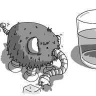 A robot in the form of a small woolly mammoth, consisting of a furry ovoid body with four banded legs, flappy hinged ears and a trunk ending in a hand. Its fingers are waggling towards an ice cube, and it stands next to a glass full of something.