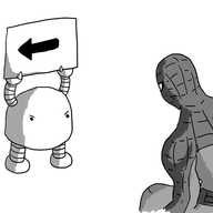 A round-topped robot with banded arms and legs, holding up a sign with an arrow on it and looking angrily at a dejected Spider-Man kneeling in front of it.