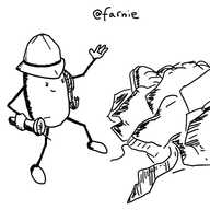 A rounded, cylindrical robot with slim jointed arms and legs wearing a pith helmet and carrying a torch, with a rope and grapnel wound around the other arm. It is confronting a large pile of clothing with a look of wry determination on its face.