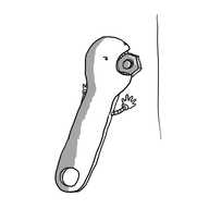 A robot in the form of an open-end spanner but the end is its head and the actual grip is its mouth, complete with teeth. It has two small banded arms just beneath its head. It is angrily savaging a nut that is attached to a bolt in a wall, pushing against the wall with its hands for leverage.