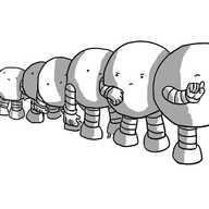 A series of spherical robots with banded arms and legs standing in a line. The first is expounding with one finger raised while the one behind it checks its wrist and taps its foot impatiently. One further back is leaning outwards to see what's happening, another is pointing upwards at something while the one next to it is looking up and the one at the back is lying down, apparently napping.