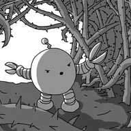 A spherical robot with banded arms and legs and pruning shears for hands. It's entered a cave composed of thorny bramble stalks that envelop it in shadow and some of which seem to be reaching towards it like tentacles. In response, the robot brandishes its shears angrily.