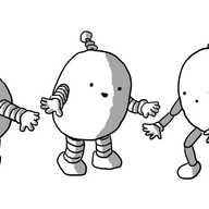 Five robots, all a little bit different. One is cuboid with banded limbs and a straight antenna, one is spherical with banded limbs and a banded antenna, the next is ovoid with banded limbs and a coiled antenna, and the next is the same except its limbs are jointed. Finally, one has a flat base but a rounded top and has four banded legs, two arms and a zig-zag antenna. They all admiring each other's features.