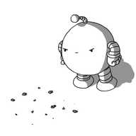A spherical robot with banded arms and legs, balling its fists on its hips and giving a scattering of crumbs on the floor a very angry look. It has an antenna that is bent forward, towards the crumbs.