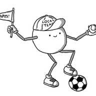 A spherical robot with jointed arms and legs, wearing a baseball cap reading 'LOCAL TEAM', holding a pennant reading 'SPORTS!' in one hand and a tennis ball (or possibly baseball) in the other. It wears trainers on its feet, one of which is perched atop a football (soccer ball).