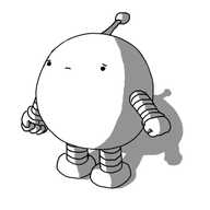 A spherical robot with banded arms and legs looking up with an expression of disappointment on its face.