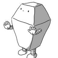 A robot shaped like an eight-sided polyhedron composed of two square frustums placed base-to-base, with the lower one much taller than the top, evoking the form of a Victorian-era gas streetlamp. The robot's face is on the top frustum, with a stern expression and its banded arms held palms out in a reassuring motion.