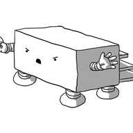 A long, cuboid robot with four sturdy, banded legs on its base. It has two arms and is raising the finger of one hand to make a point about something as it waves the other. Three shallow steps on the robot's back allow access to its top surface. It looks very angry.