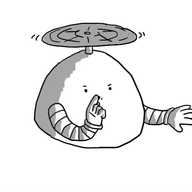 A dome-shaped robot held aloft by a propeller on its top, putting a finger to its lips to shush someone.