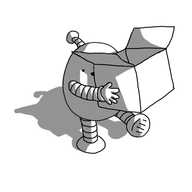 An ovoid robot with banded arms and legs and an antenna, walking along and holding a big, empty box.