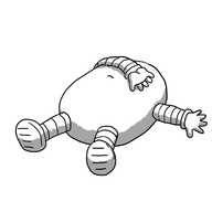 An ovoid robot with banded arms and legs, lying flat out on its back with one arm thrown across its eyes and a grumpy expression visible underneath.