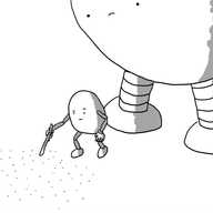 A round robot with jointed arms and legs gingerly poking a patch of ground with a stick while, behind it, Bigbot looks on nervously.