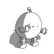 A spherical robot with banded arms and legs and an antenna, cupping one hand to its mouth and leaning in conspiratorially.