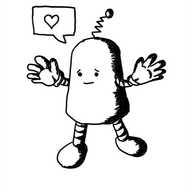 a conical robot with a rounded top and a little antenna. it's holding out its hands and smiling reassuringly with a speech bubble that has a heart in it.