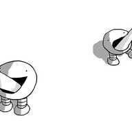 Two spherical robots with banded legs and large mouths, some distance apart. An arm is reaching into one's mouth, while a hand emerges from the mouth of the other to get at a drinks can that's next to it.